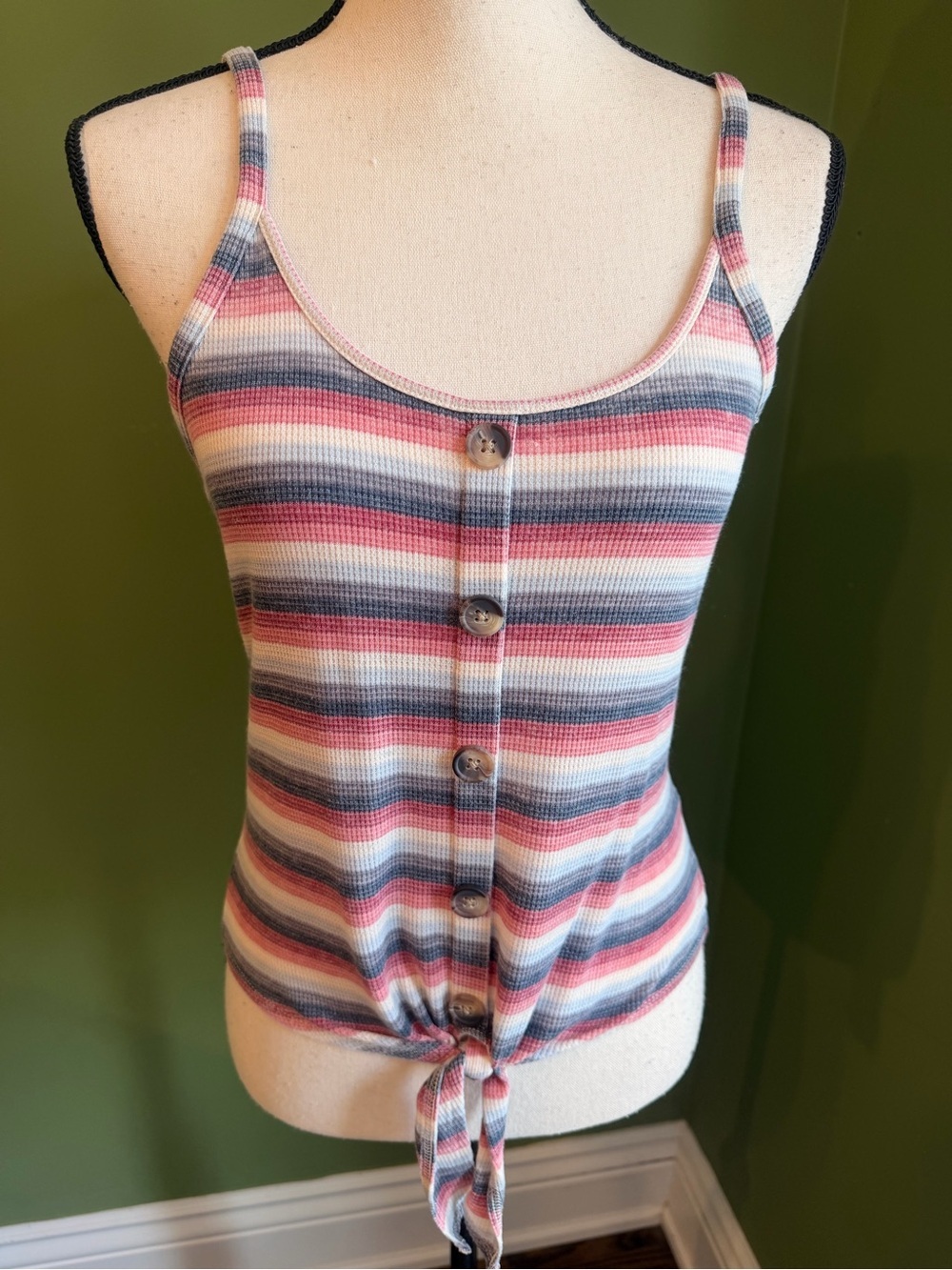American Eagle Outfitters Striped Ribbed Tie-Front Tank in Pink, Blue & White